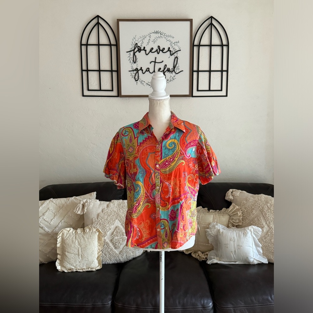 Lauren Ralph Lauren Bright Colorful Short Sleeve Paisley Button Up Top Size L